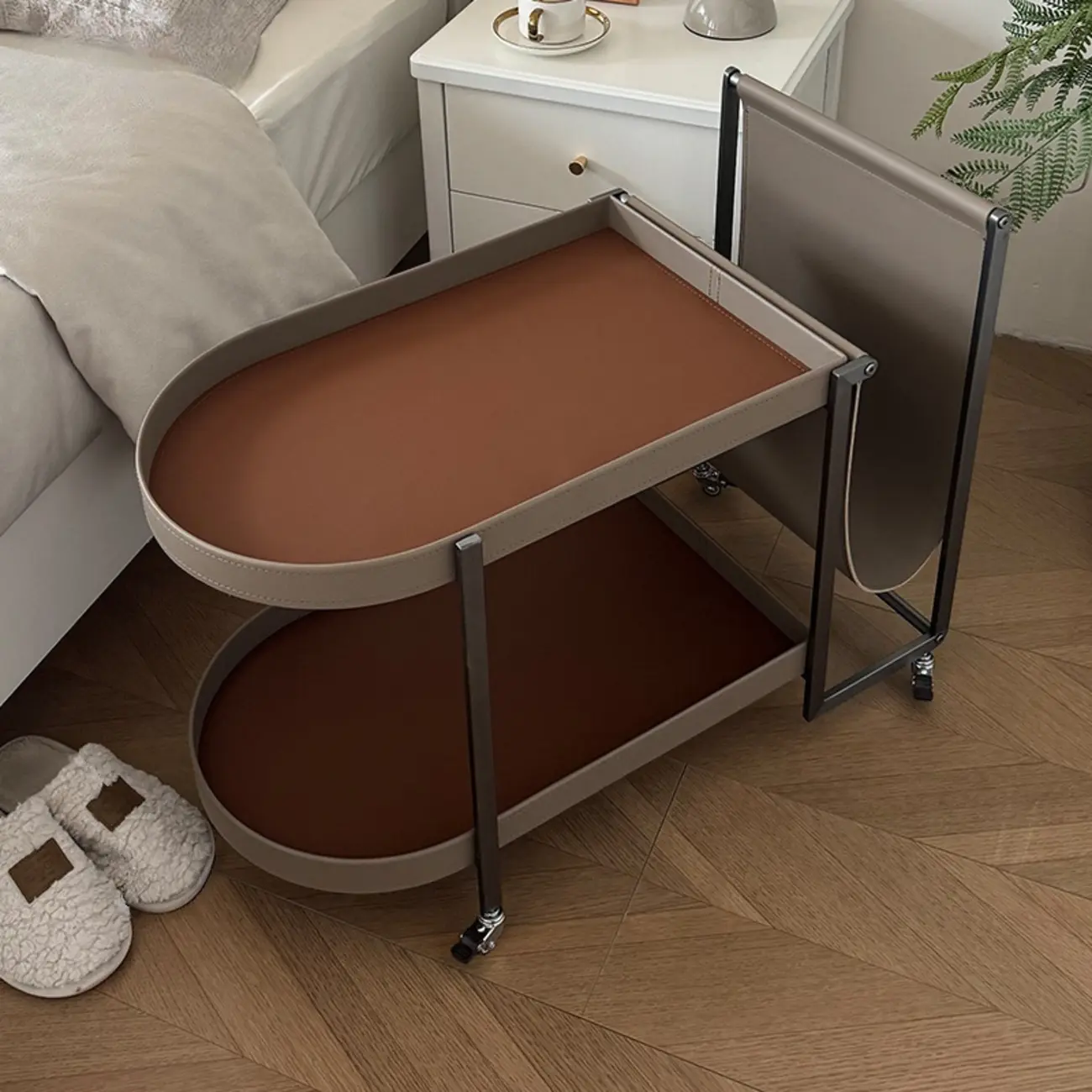 Oval Faux Leather Top 2-Tier Swivel End Table for Living Room