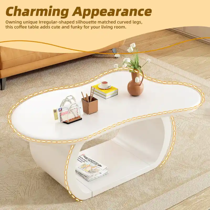 Modern Cloud Coffee Table with 1.5 Thick Tabletop,Cream Style Irregular End Table with Curved Legs,Unique Design Accent Table