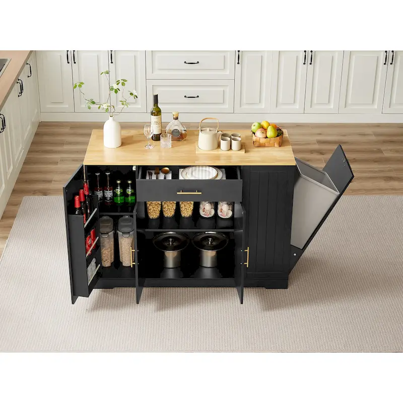 Kitchen Island with Tilt Out Trash Can Holder, Mobile Islands Table with Drawer, Adjustable Shelves & 3 Layer Open Side Racks
