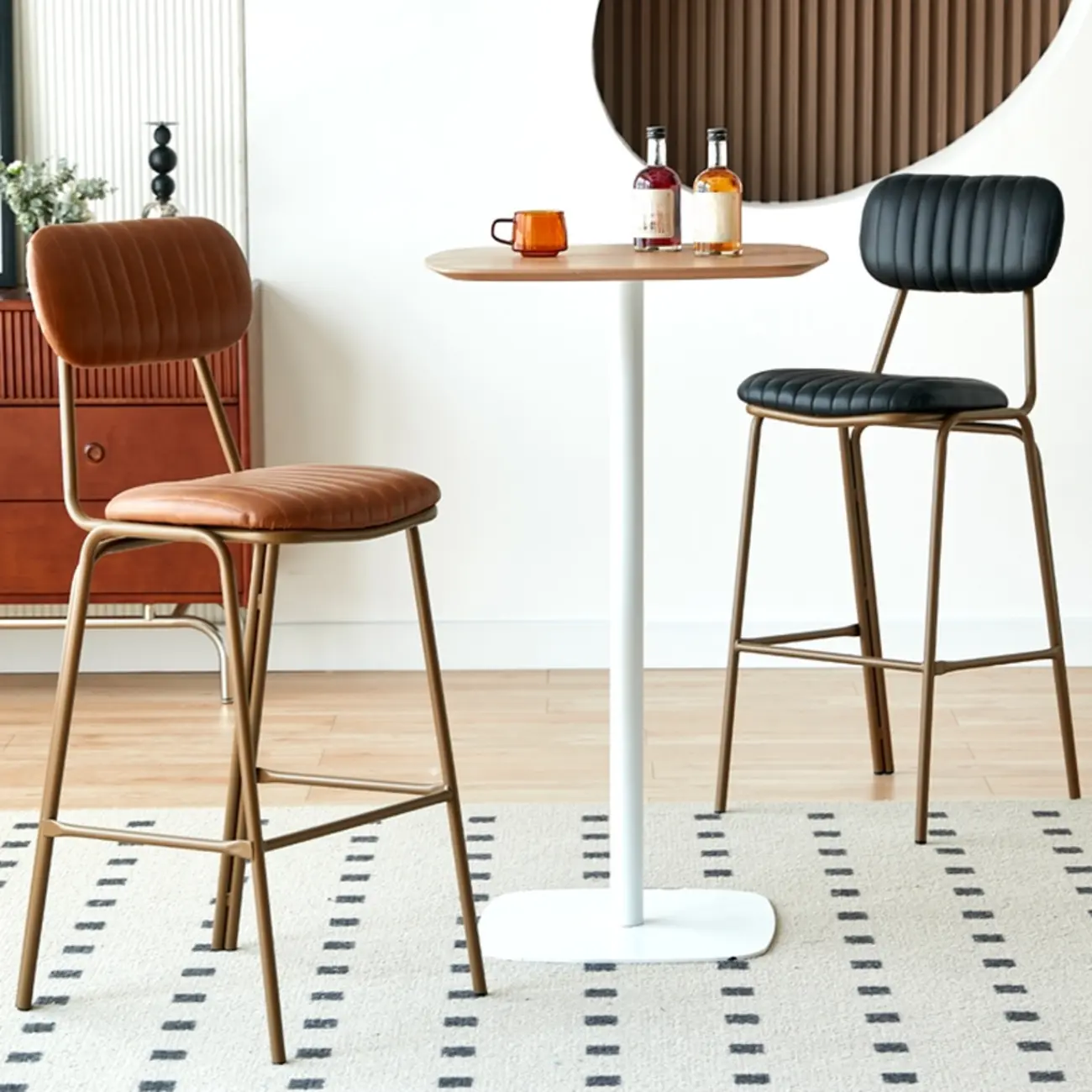 Mid Century Modern Leather Gold Frame Bar Stools with Backs