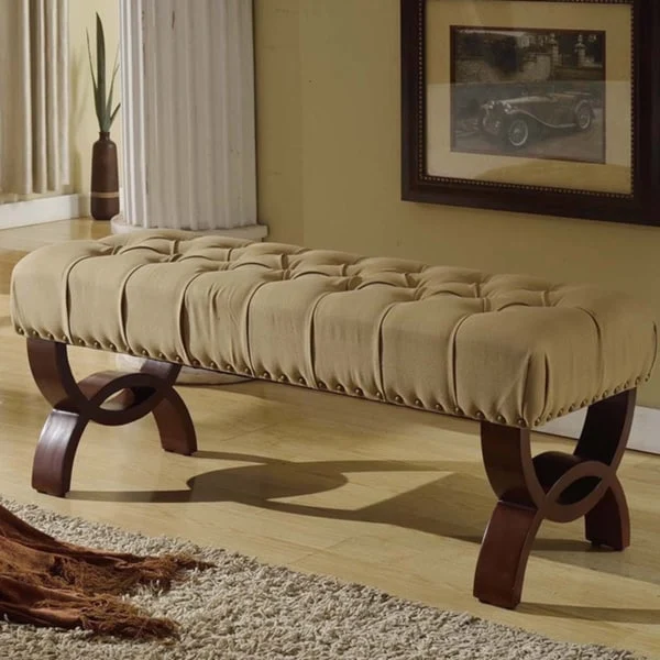Tufted Upholstered Entryway Bench with Nailhead Trim | Dark Walnut Wood Legs | Classic Style