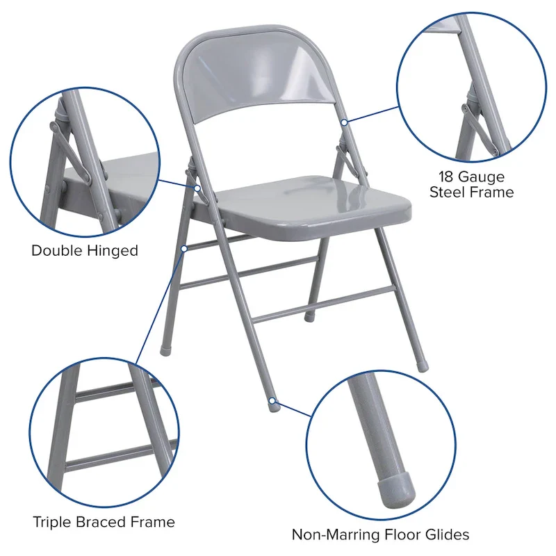 4 Pack Triple Braced & Double Hinged Metal Folding Chair