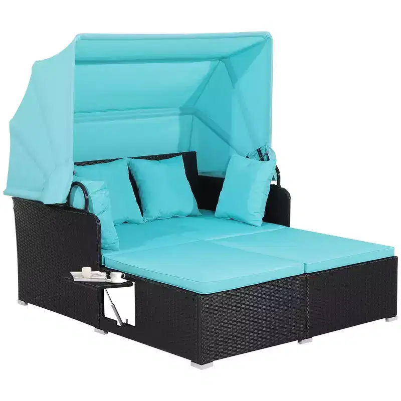 Costway Patio Rattan Daybed Lounge Retractable Top Canopy Side Tables Cushions Off White/Red/Turquoise/Beige