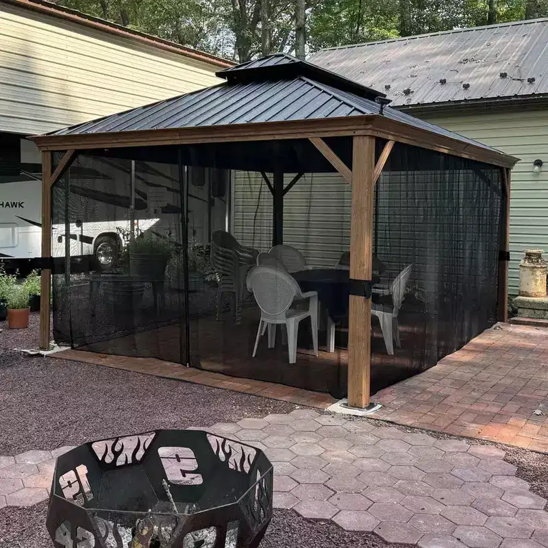 PURPLE LEAF 12' X 16' Outdoor Hardtop Gazebo for Patio Galvanized Steel Double Roof Teak Finish Coated Aluminum Frame Pavilion Gazebo with Netting