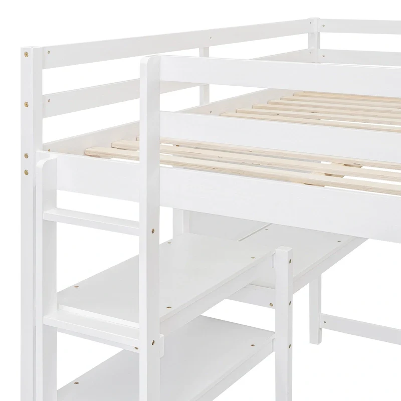 Wooden Loft Bed with Shelves and Desk