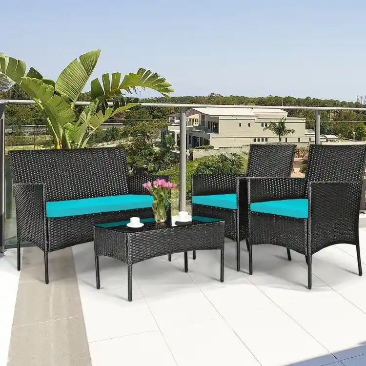 4 Pieces Patio Rattan Cushioned Sofa Set with Tempered Glass Coffee Table - 24 x 23.5 x 33 (L x W x H)