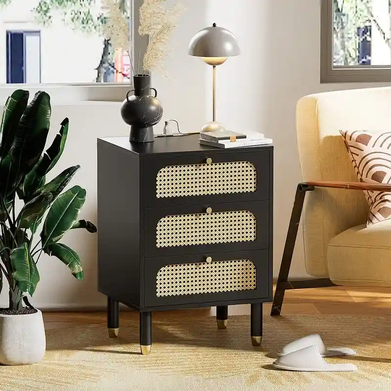 Rattan Nightstand with 3 Drawers