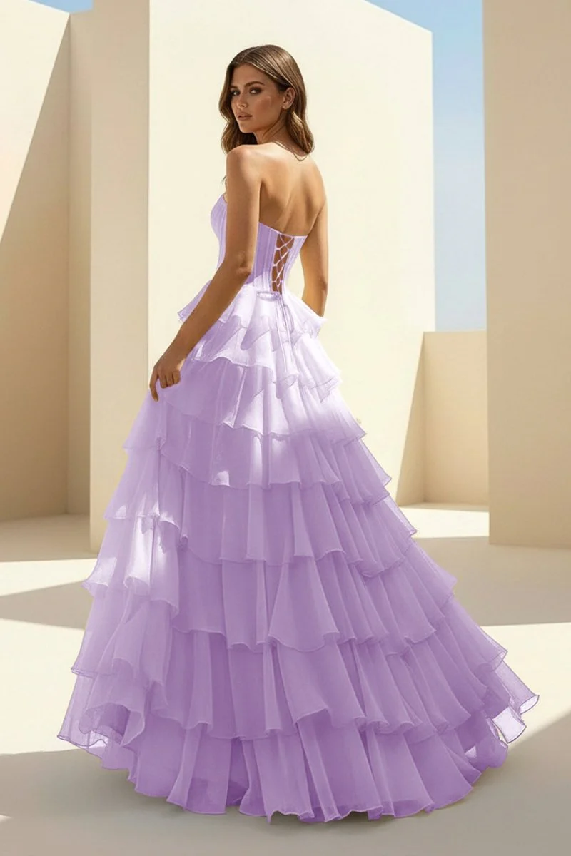 Pink Strapless A Line Chiffon Tiered Prom Dresses With Appliques
