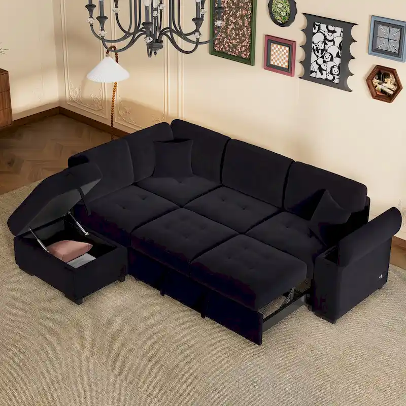 Dark Gray / Gray / Black Velvet L-Shaped 5-Seat Sleeper Sectional Sofa