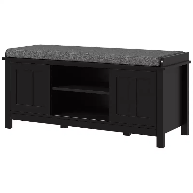 Modern Shoe Storage Bench, Entry Way Bench with Cushion, 2 Sliding Doors, Storage Ottoman Bench, Holds 10 Pairs