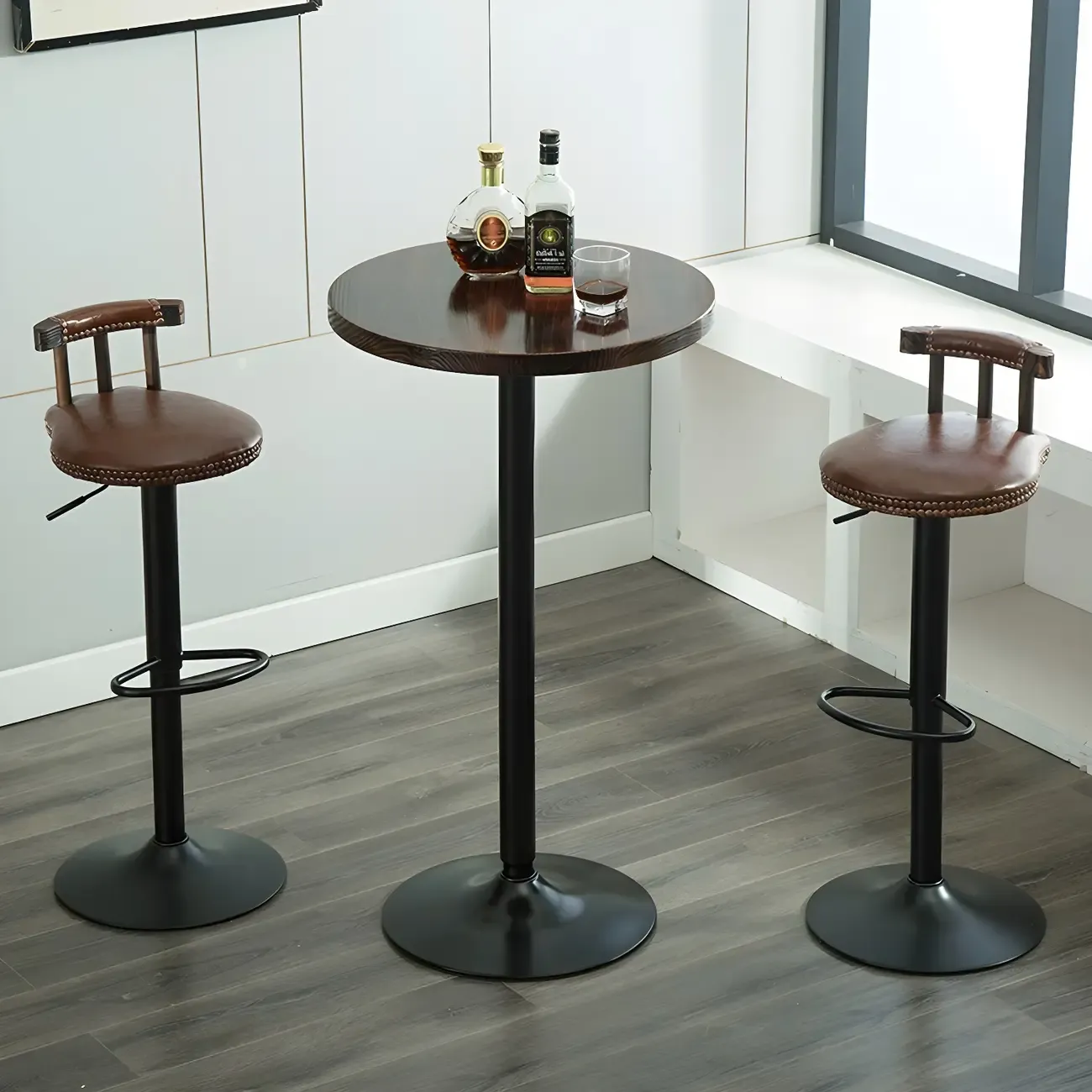 Minimalist Pedestal Wood Metal Round Bar Height Table
