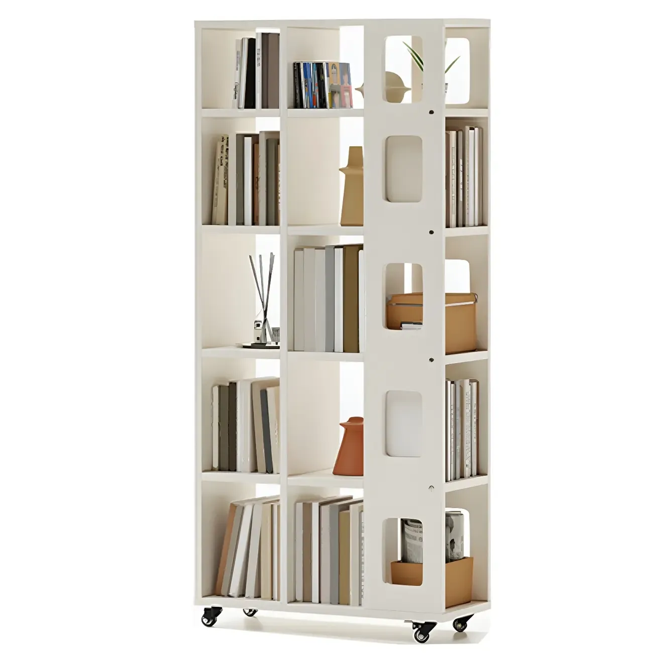 Mid-Century Nut-Brown Wood 5-Tier Bookcase on Wheels