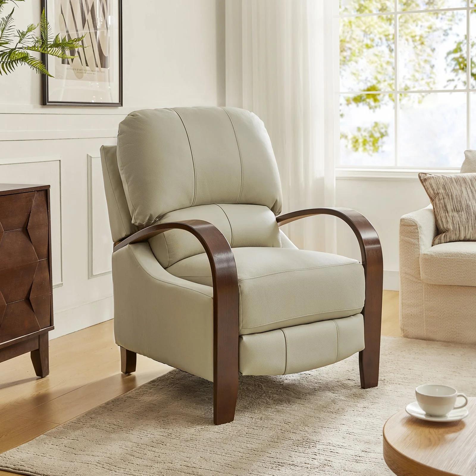 Genuine Leather Manual Recliner with Curved Arms, Sinuous Spring & Walnut Rubberwood Legs | Beige / Chocolate / Camel / Black / Burgundy / Brown / Navy / Dove / Grey | Single Seat