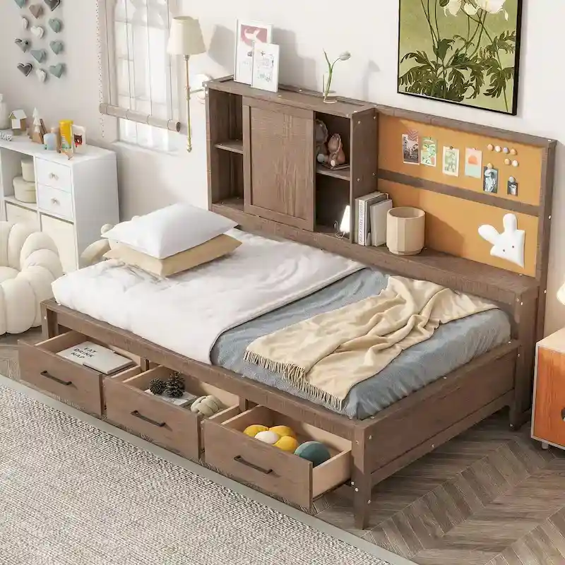 Nestfair Twin Size Lounge Daybed with Storage Shelves, Cork Board, USB Ports and 3 Drawers