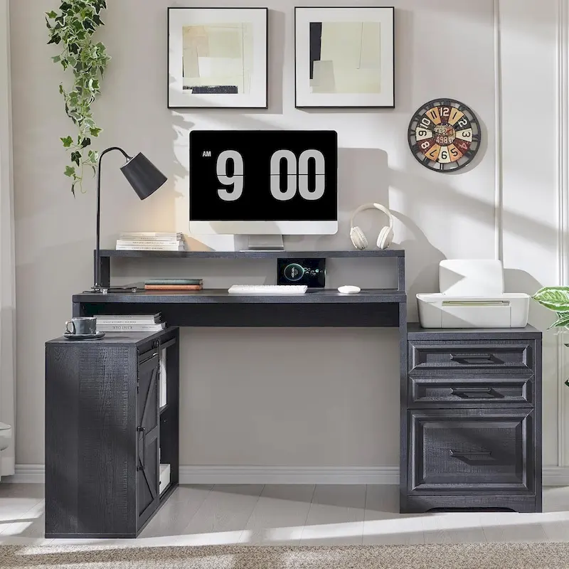 Modern Farmhouse Home Office Desk, Computer Desk with File Cabinet