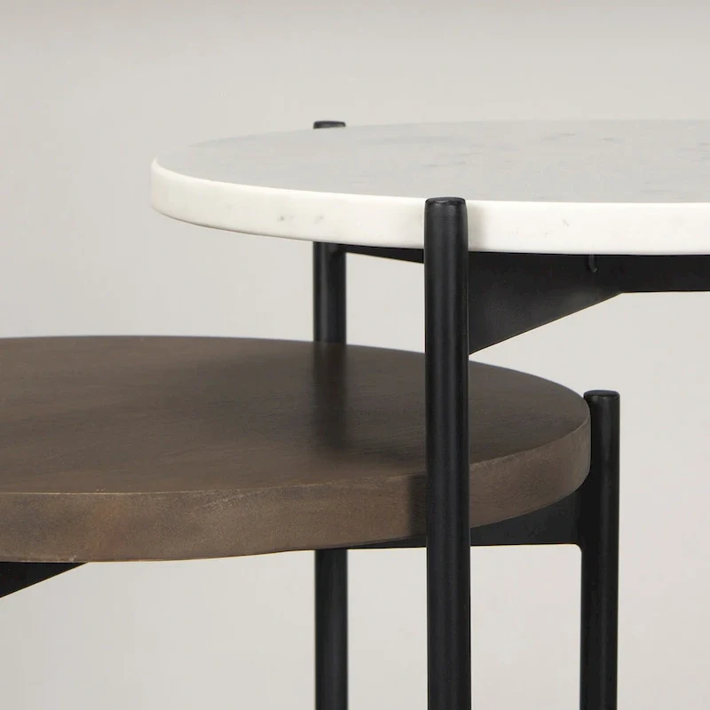 Marble & Dark Brown Wood Tabletop Nesting End/Side Tables