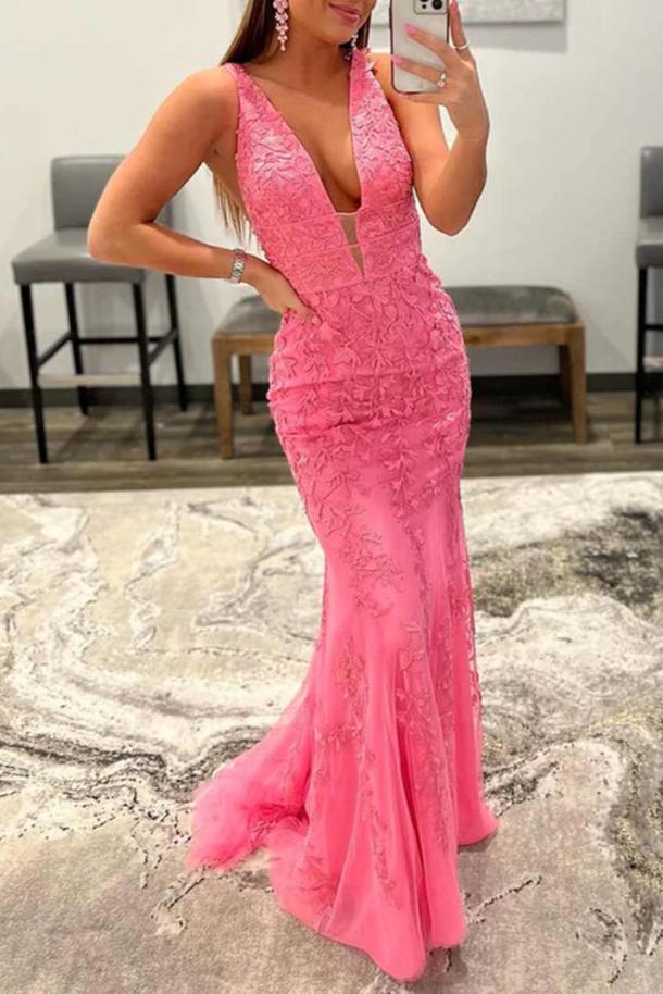 Hot Pink Mermaid Plunge V Neck Lace Prom Dress