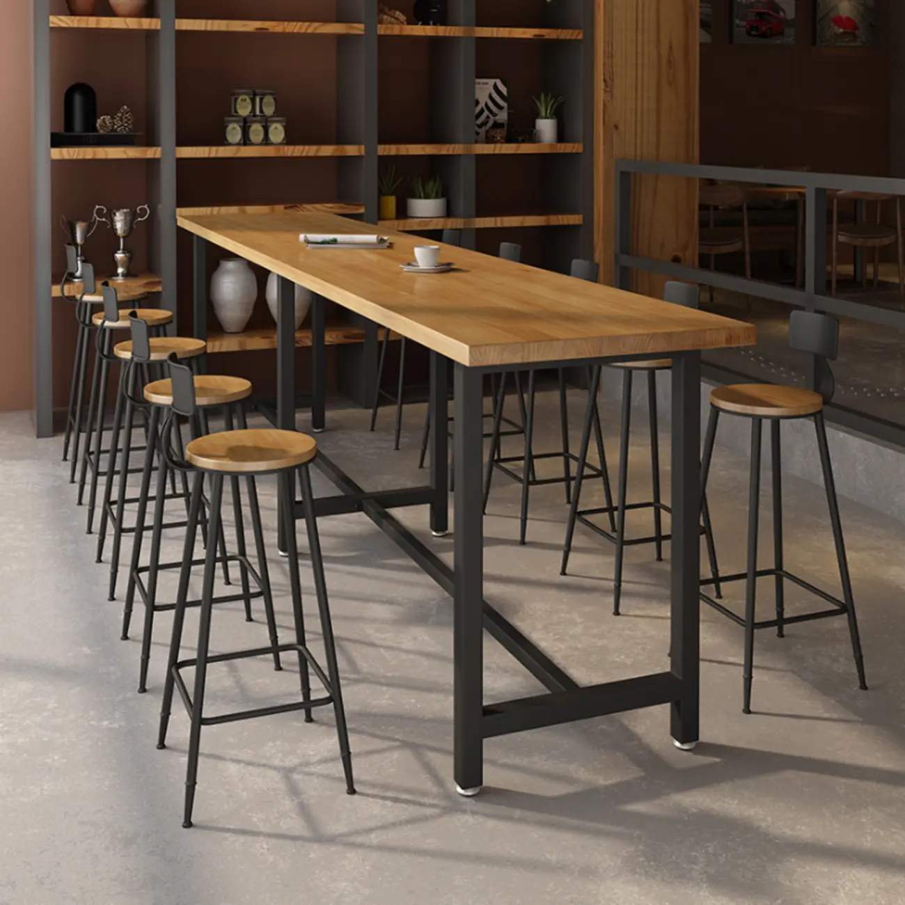 Footrest Black Metal 3-Pedestal Bar Table