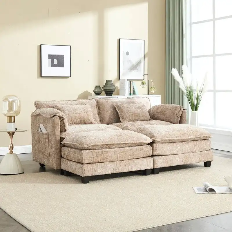76.77 Chenille Upholstered Sofa with 2 Ottomans