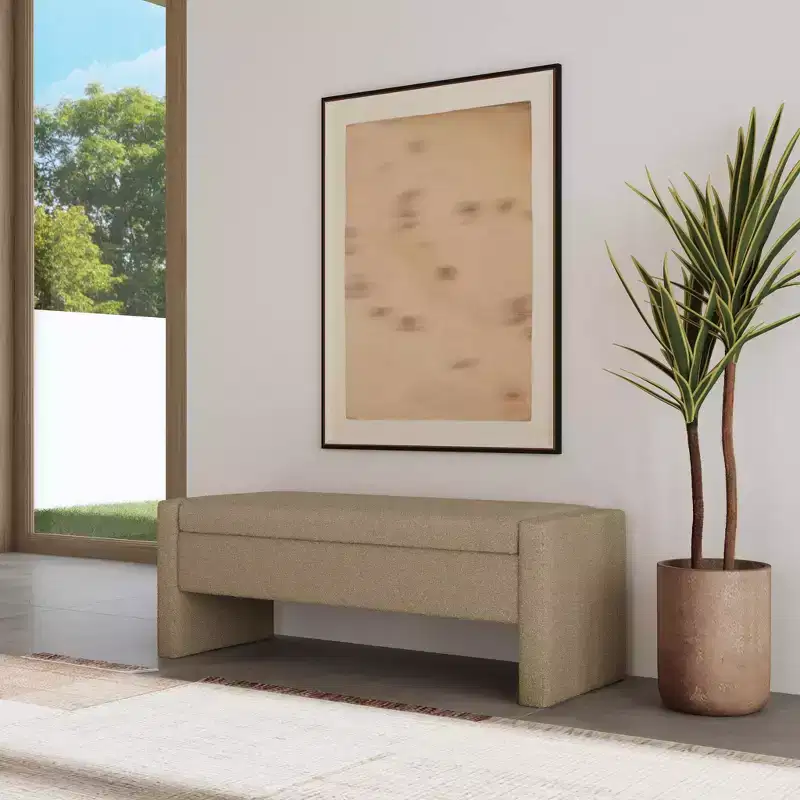 Brown Boucle / Light Gray / Tan Velvet Upholstered Storage Bench, Seats 1, Rectangle