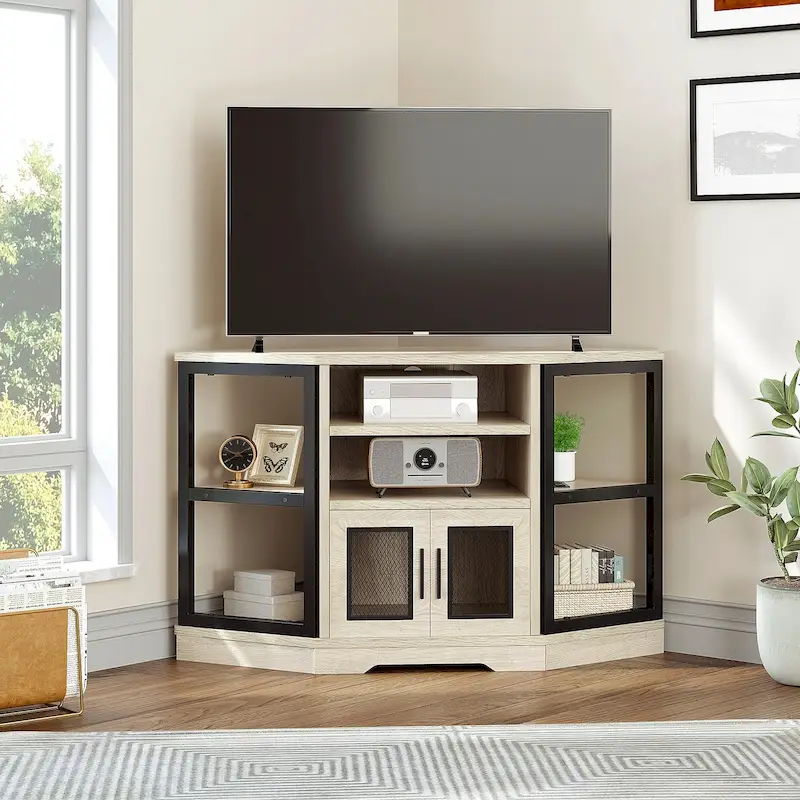 Farmhouse Corner TV Stand Entertainment Center Media Console for TVs up to 55 with Power Outlet