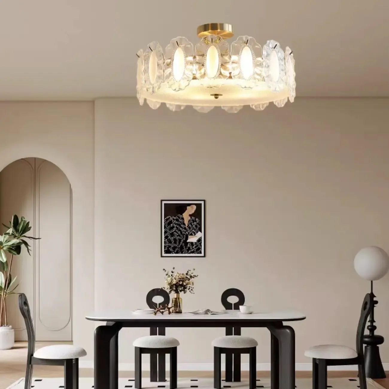 Elegant Glass Drum Shape Golden Semi Flush Light