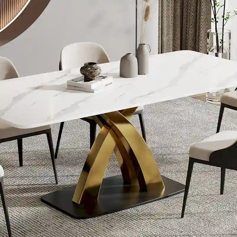 Modern White Rectangular Dining Table,Sintered Stone top,Gold X-Shaped