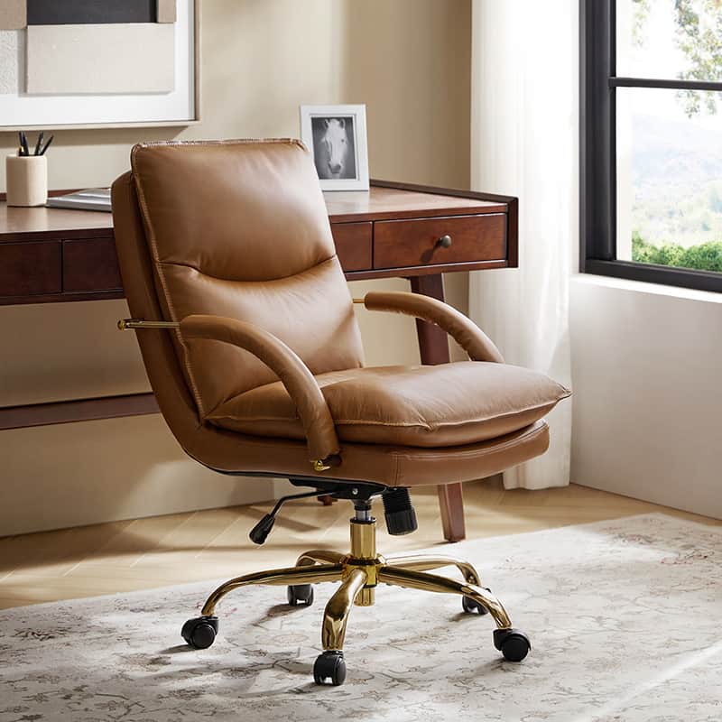 Genuine Leather Tufted Office Chair with Adjustable Height, 360° Swivel & Gold Metal Base | Brown / Camel / Black | Single Seat