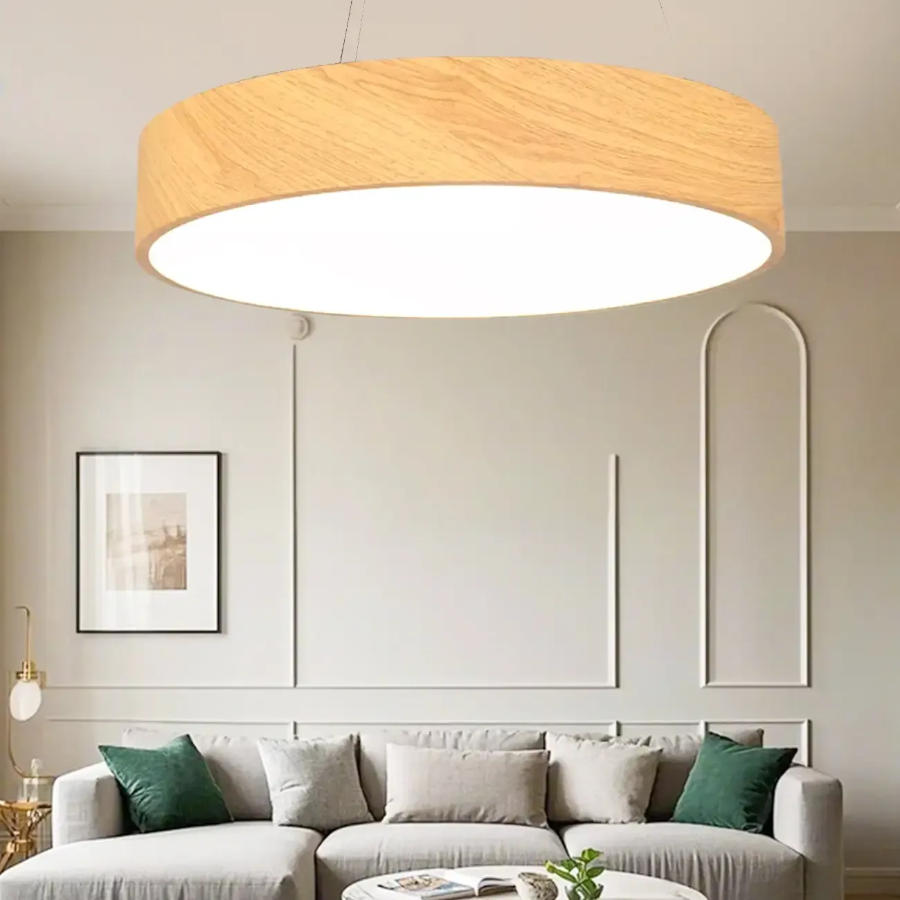 Modern Circular Wood LED Chandelier with Adjustable Height