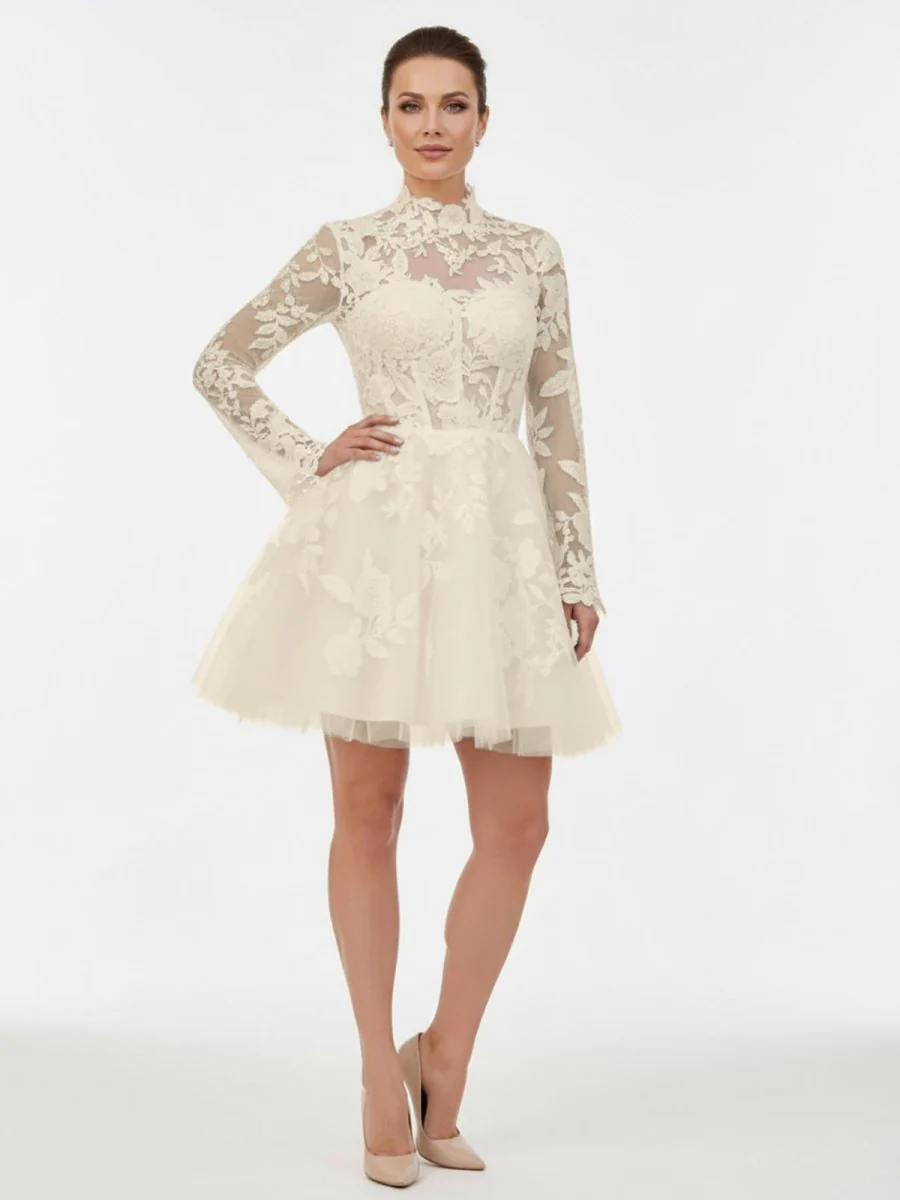 Short White A-Line Illusion Neck Long Sleeves Lace Wedding Dresses