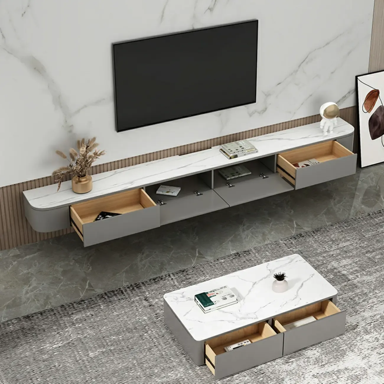 Modern Solid Wood Floating TV Stand with Drawers