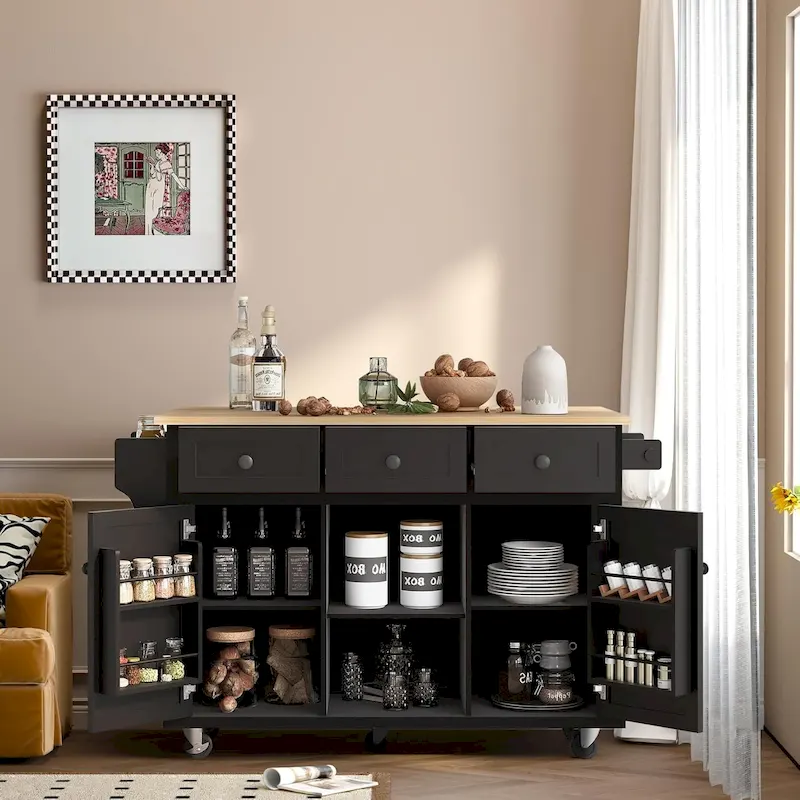 Drop-Leaf Kitchen Island Cart with Storage Cabinet & 3 Drawers – Black / Blue / White / Green