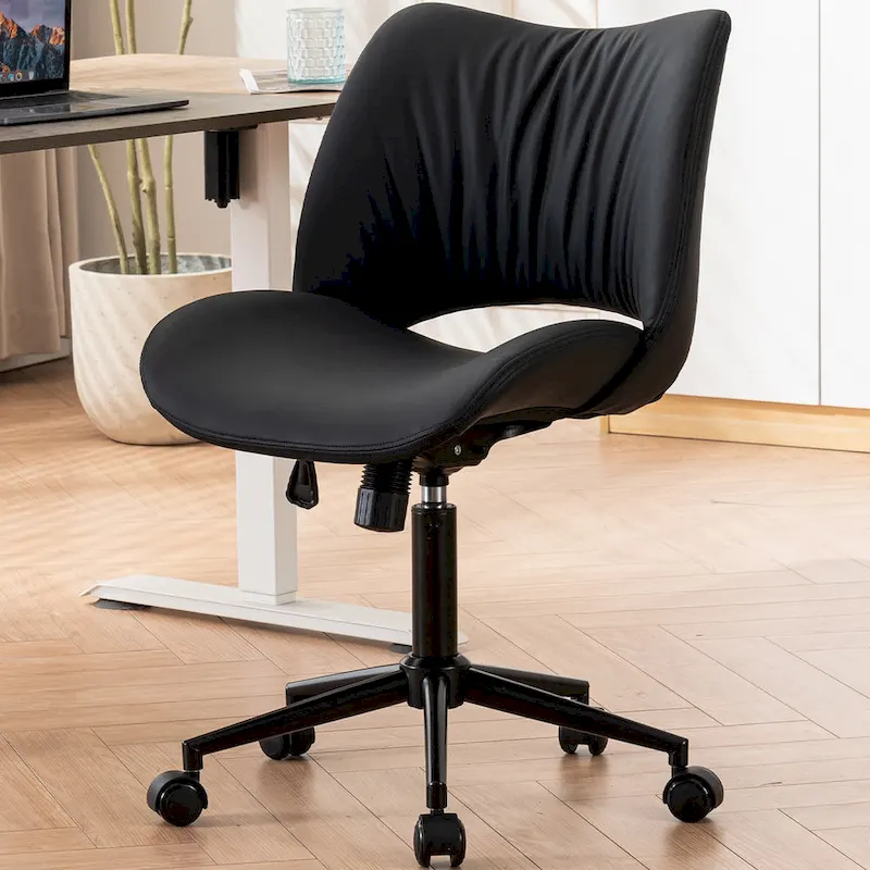 Leather Swivel Office Chair with Wheels - Armless