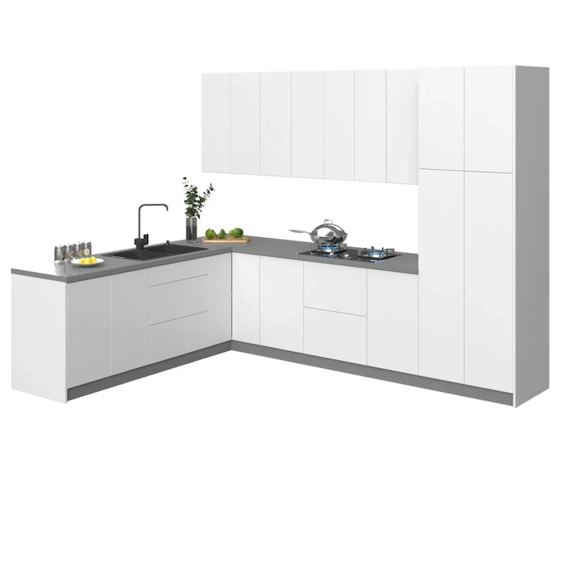 Modern Kitchen Cabinet Set, White Gloss & Gray, 8x10Ft - 126x96 inches