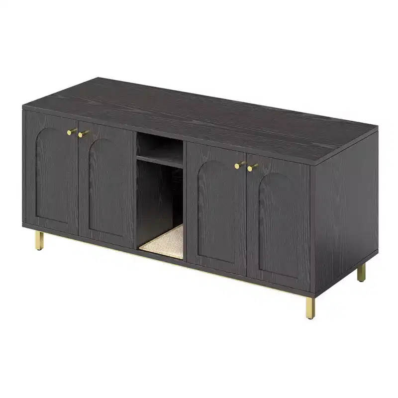 KOLIGEY Black Litter Box Enclosure with Storage Cabinet - Large Capacity, Double Magnetic Door Design, Built-in Scratching Pad