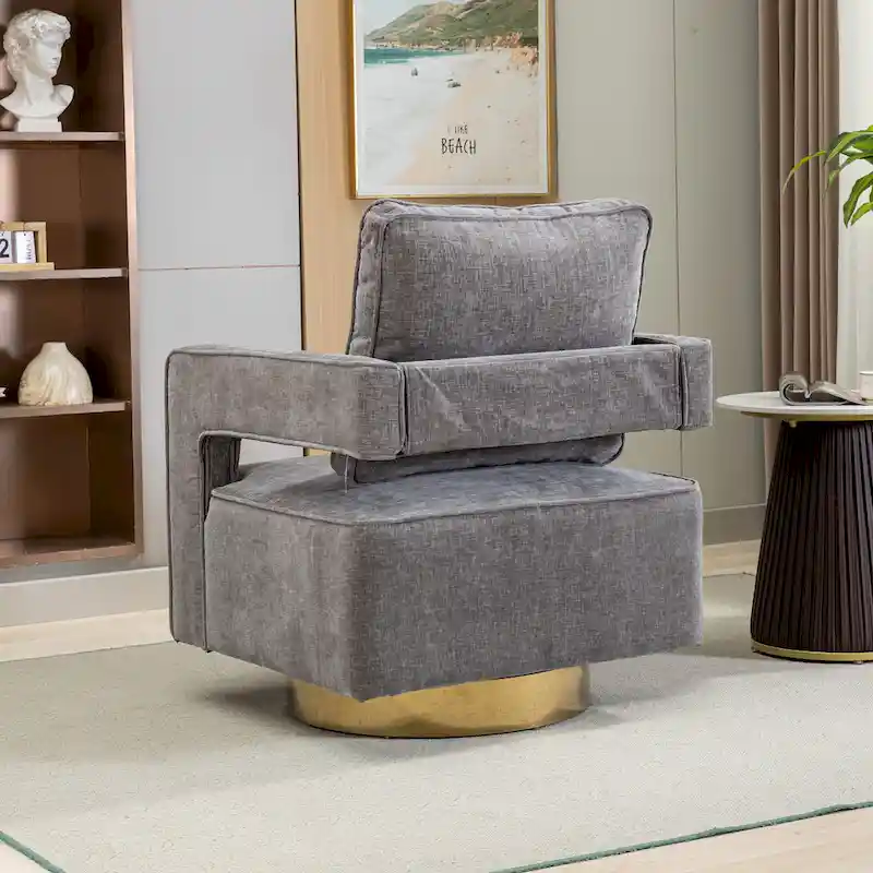 Modern Upholstered Swivel Open-Back Barrel Chair With Pillow
