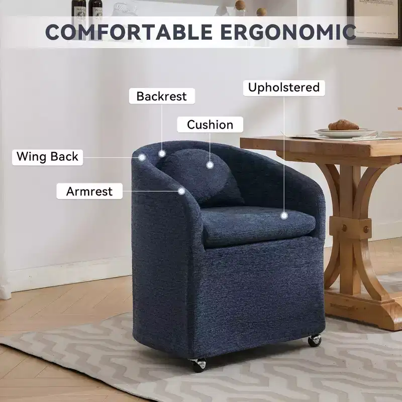 Set of 1 Chenille Fabric Dining Armchair With Back Cushion and Universal Wheels,Beige