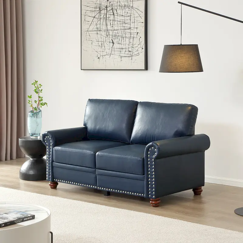 Navy Blue Faux Leather Loveseat with Silver Nailhead Trim & Under-Seat Storage - Fits 2 People