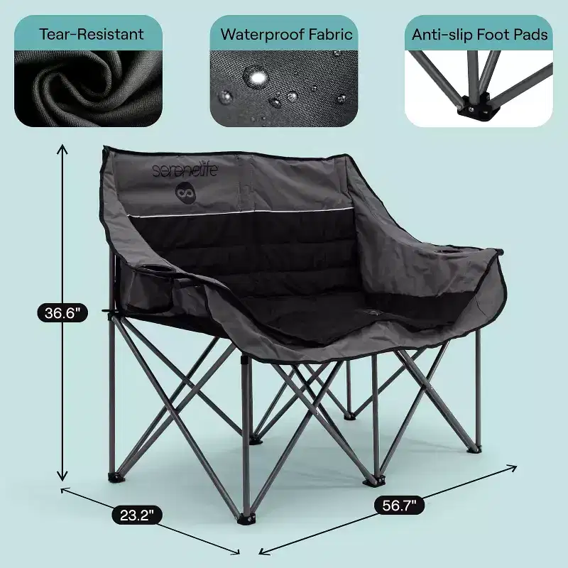 SereneLife Portable Folding Double Camping Loveseat Chair with Wine Glass Holders  Ideal for Beach or Outdoor Use (Black)