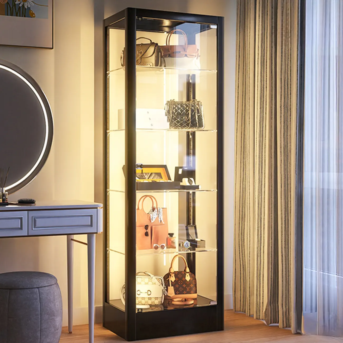 Enclosed Black 5-Shelf Metal Curio Cabinet with Light