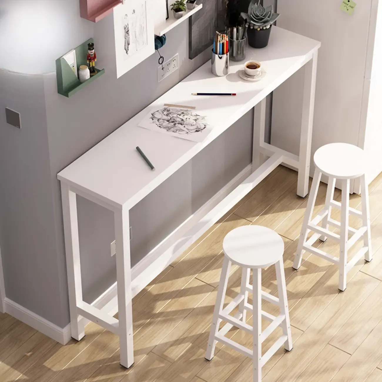 Simple White Counter Height Bar Table with Footrest for Home
