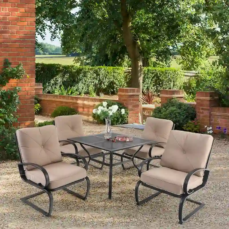 MAISON ARTS Metal Outdoor Patio Dining Sets 5 Pieces, 4 Spring Motion Chairs with Cushions and 1 Square Metal Table