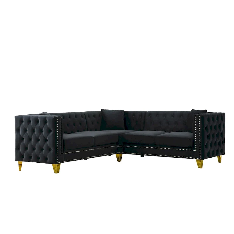 Black 82.2 Velvet Chesterfield L-Shaped 5-Seater Sectional Sofa with Nailhead Trim, Metal Legs, and Tufted Cushions