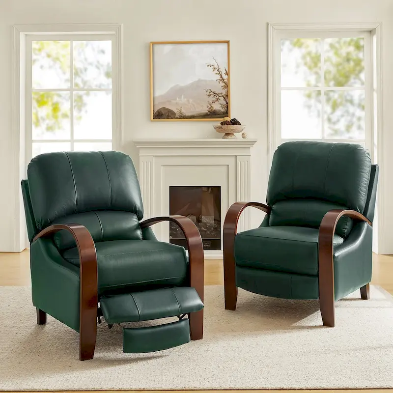 Alex Mid-century Modern Cigar Genuine Leather Manual Recliner with Wooden Curved Arms, Set of 2