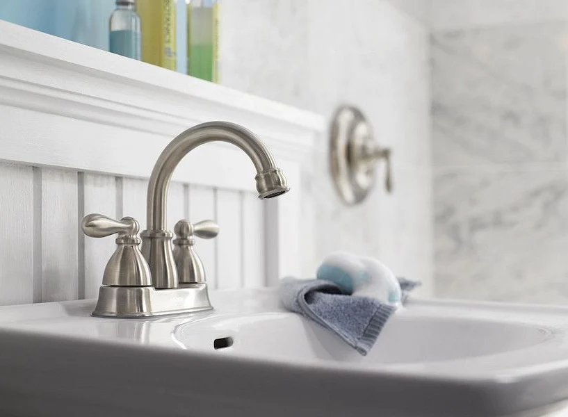 Moen Caldwell Brushed Nickel Two Handle High Arc Bathroom Faucet with Pop Up