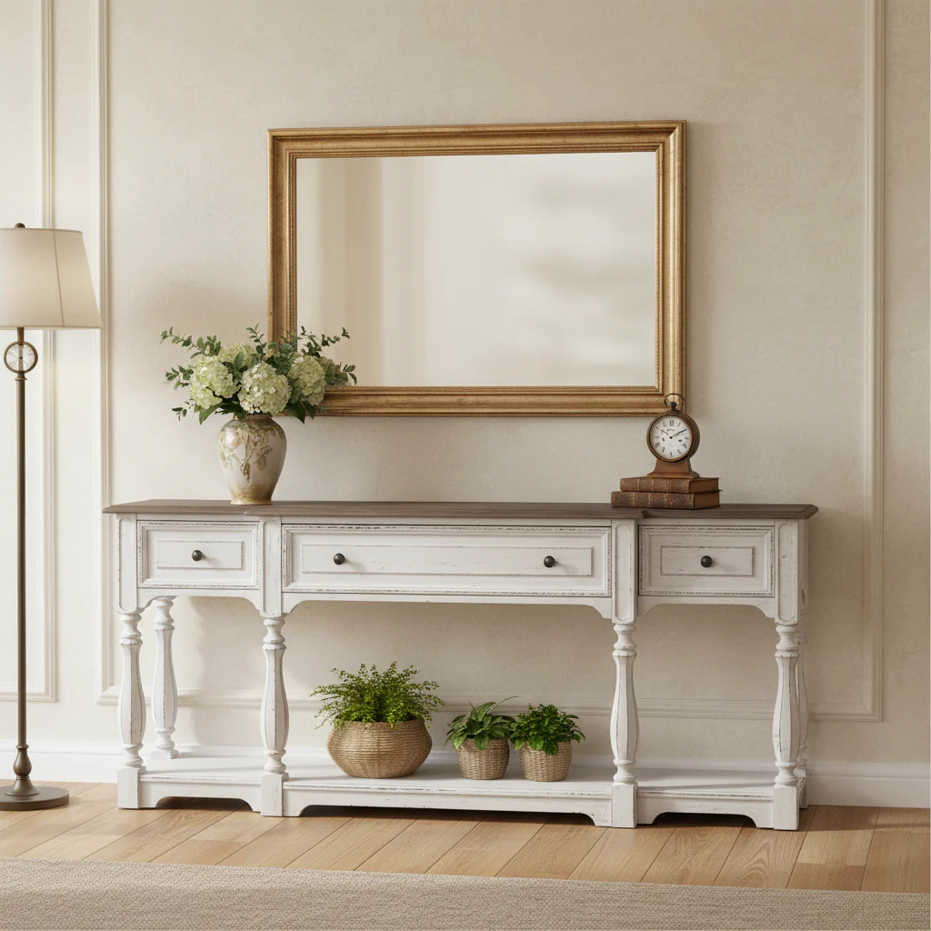 Antique White & Weathered Bark 72 Inch Hall Console Table
