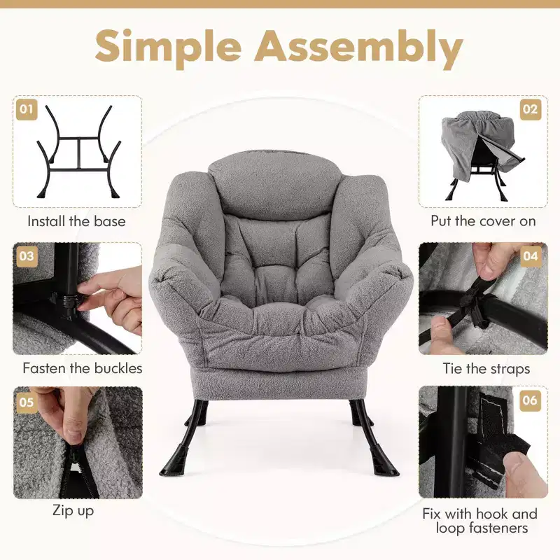 Costway Large Lazy Chair with Cozy Head Pillow Stylish Tufted Back & Seat Armrests Beige/Gray/Pink