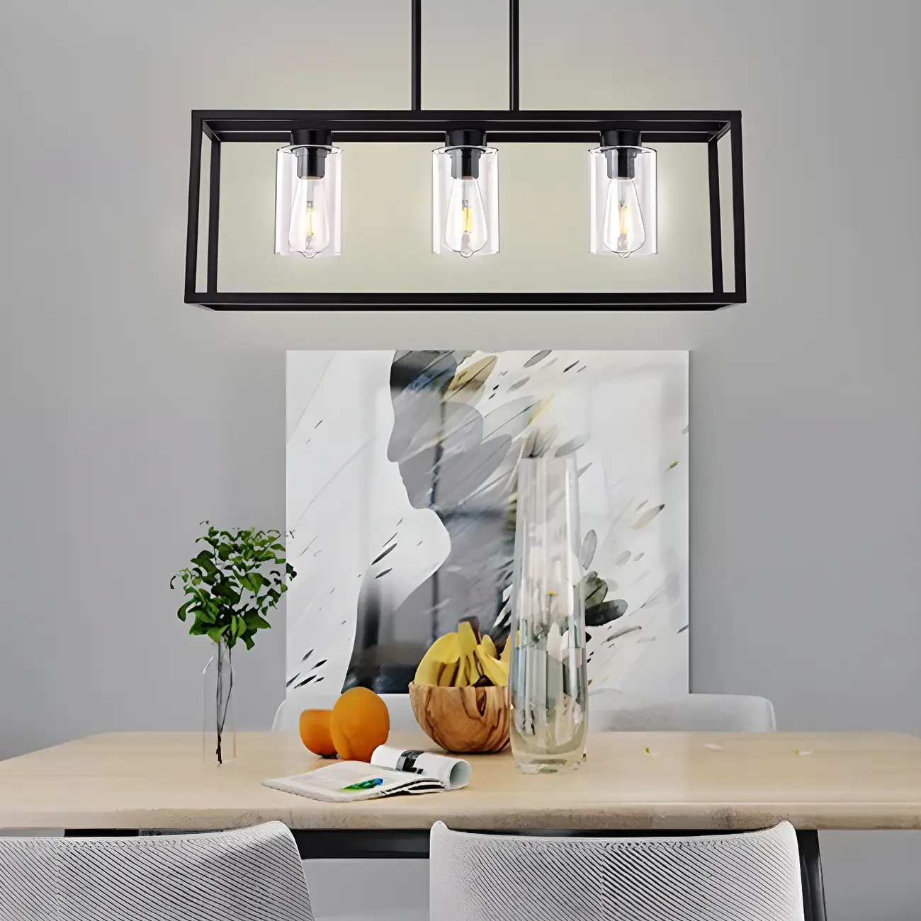 Industrial Black Metal Glass Cylinder Kitchen Island Pendant Light