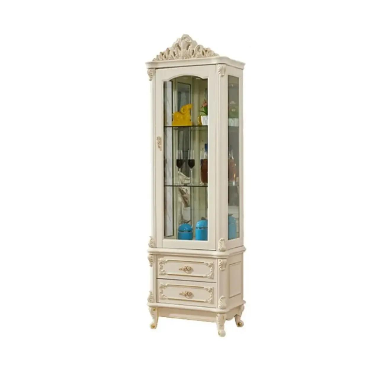 Glam White Wooden Glass Curio Cabinet with Drawers