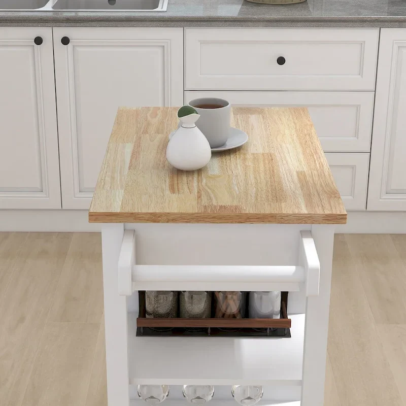 Kitchen Island Rolling Cart with Adjustable Shelves and Towel Rack, Rubberwood Top